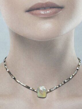 Box Shape Mother of Pearl and Freshwater Flat Baroque Pearl Necklace.
